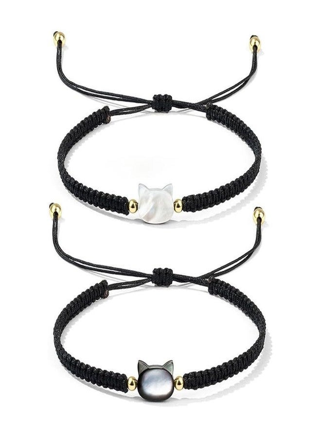 POYAMUSE Cat Bracelets for Women - Lucky Cat Beaded Bracelet Set, Adjustable Kitty Stretch Braided Bracelets for Women (Braided2)